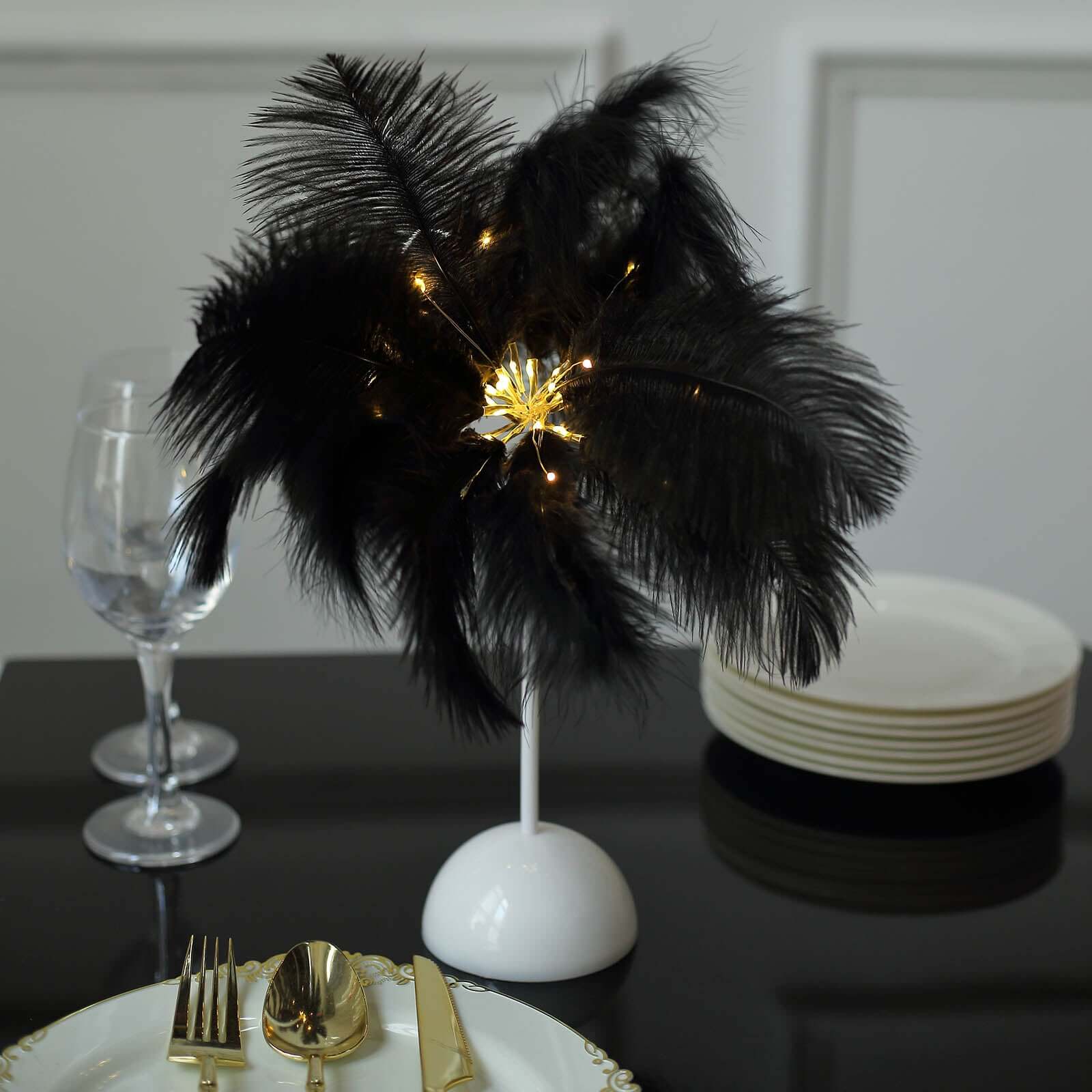 Table Lamp Ostrich Feather Design Black LED Battery Operated - Cordless Wedding Centerpiece 15" LED HIER_8700