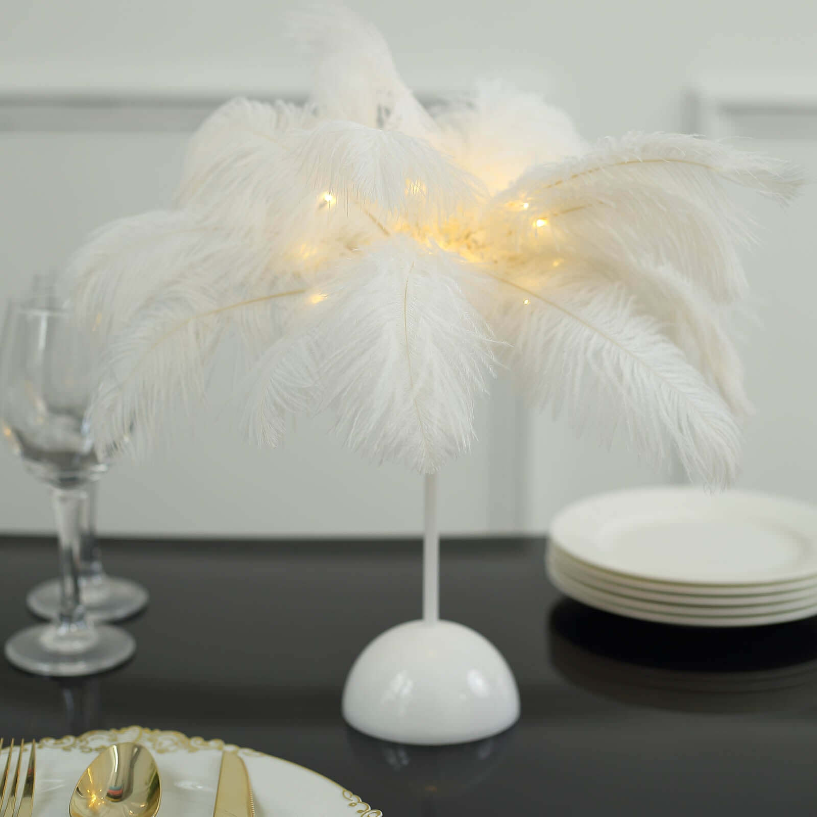 Table Lamp Ostrich Feather Design White LED Battery Operated - Cordless Wedding Centerpiece 15" LED HIER_8700