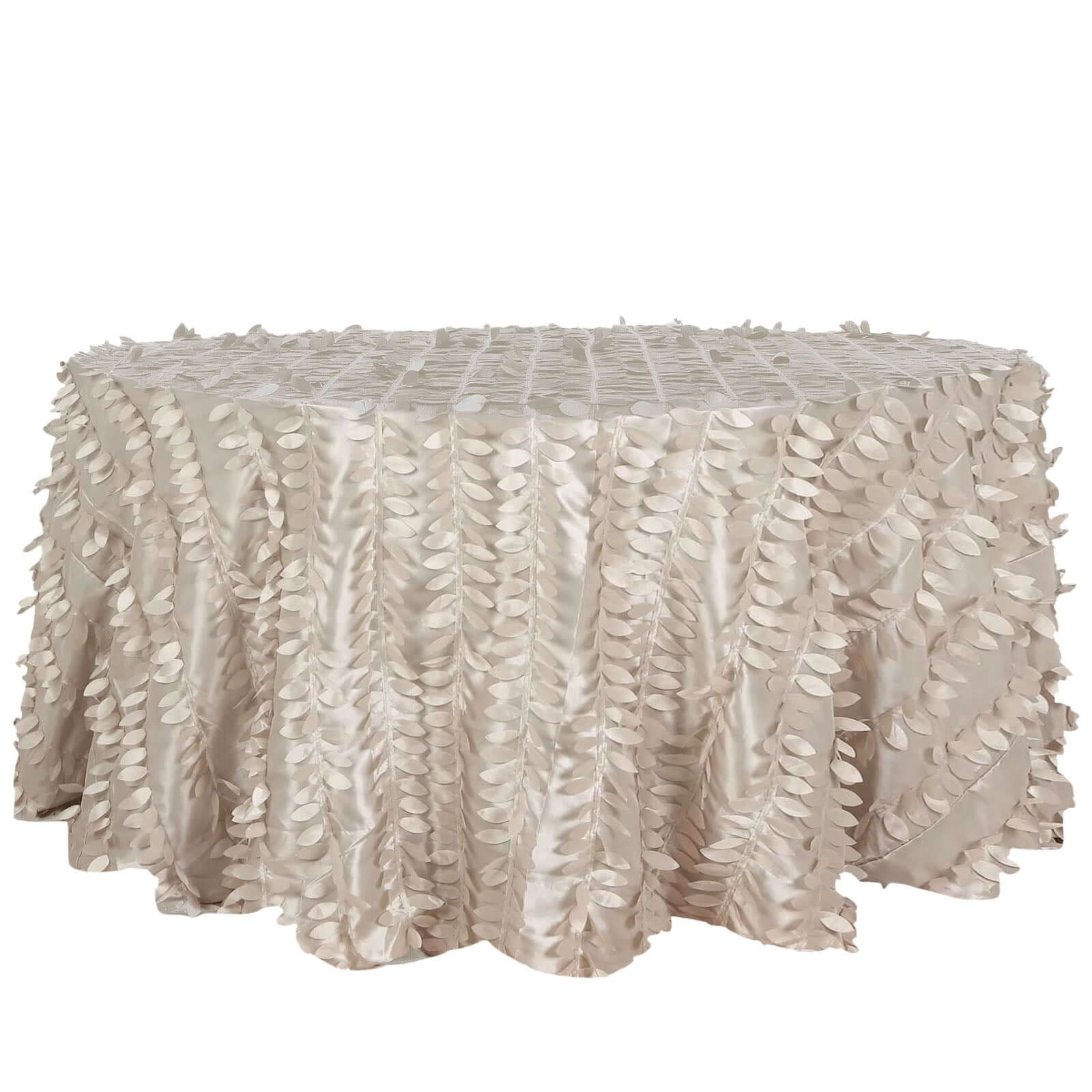 Taffeta 120" Round Tablecloth Beige | 3D Leaf Petal Design Seamless Table Cover for Chic Wedding & Event Decor Tablecloths HIER_2172