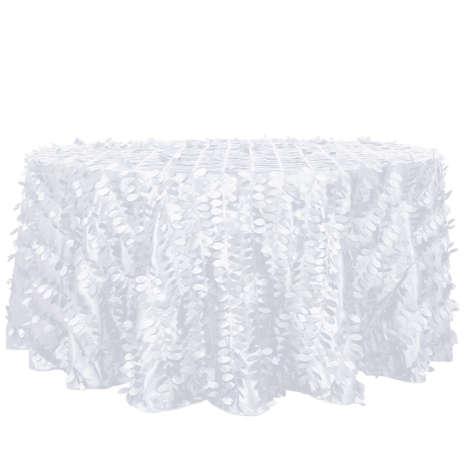 Taffeta 120" Round Tablecloth White | 3D Leaf Petal Design Seamless Table Cover for Chic Wedding & Event Decor Tablecloths HIER_2172