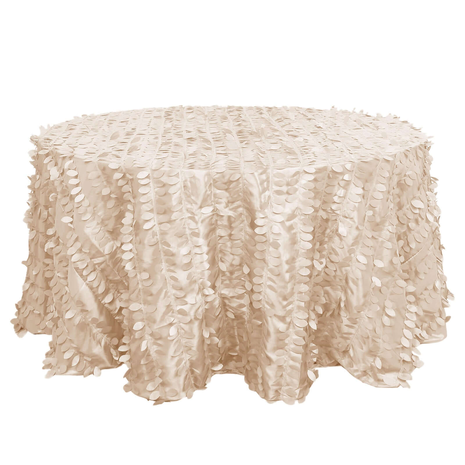 Taffeta 132" Round Tablecloth Beige | 3D Leaf Petal Design Seamless Table Cover Tablecloths HIER_2172