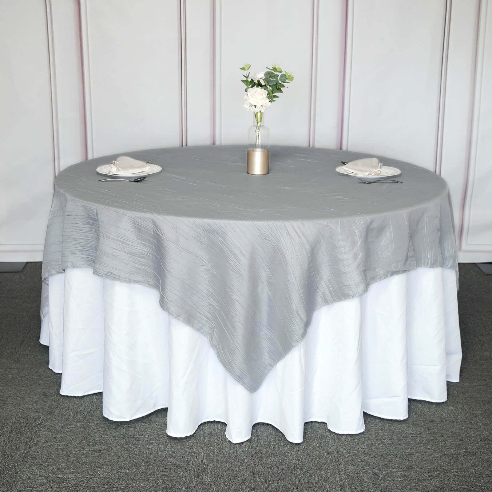 Taffeta 90"x90" Table Overlay Square Tablecloth Silver - Accordion Crinkle Table Cover Overlays HIER_2171