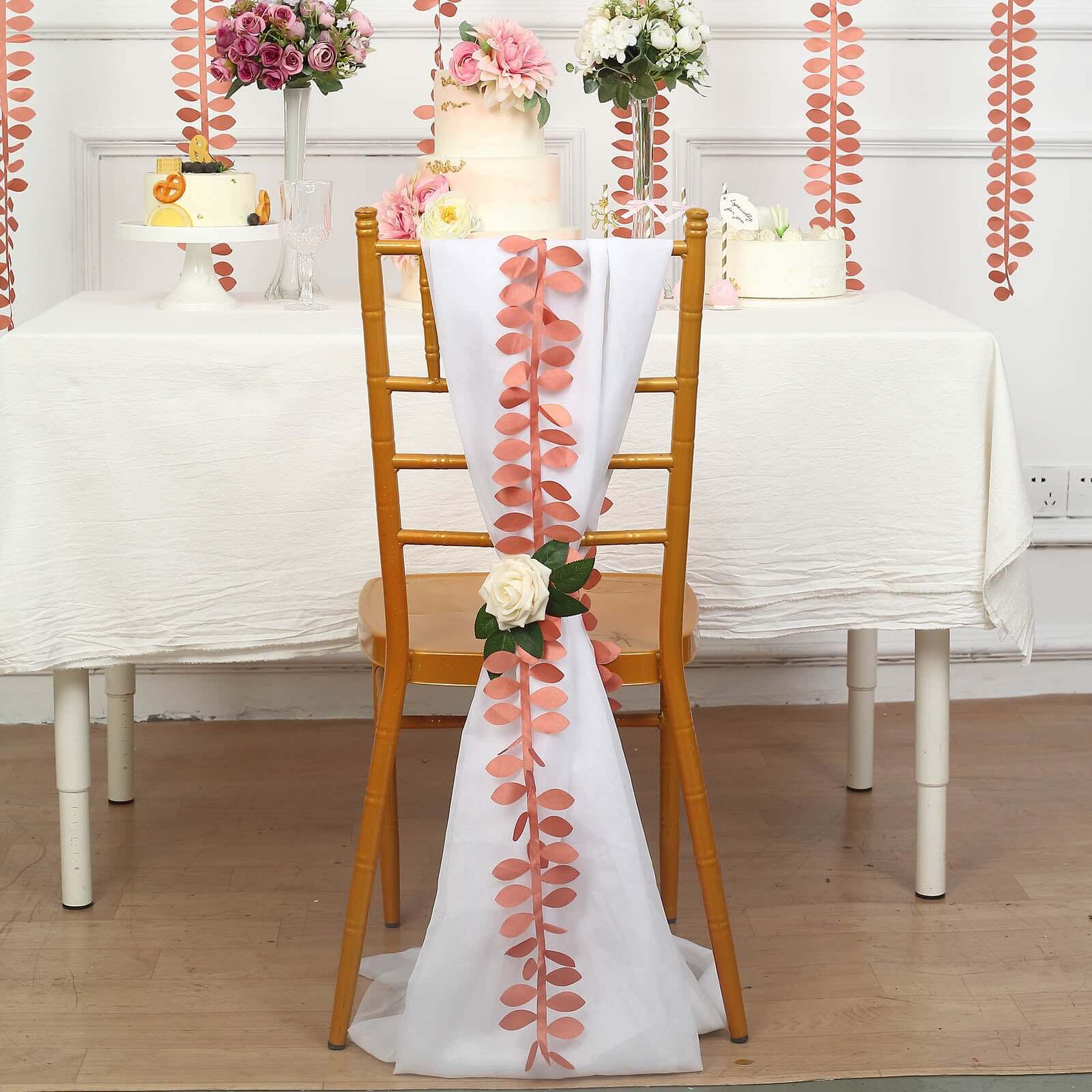 Taffeta Ribbon Sash with 4" Leaf Petal Design Terracotta (Rust) 50ft - Sophisticated Artificial Fabric Garland Ribbons HIER_9400