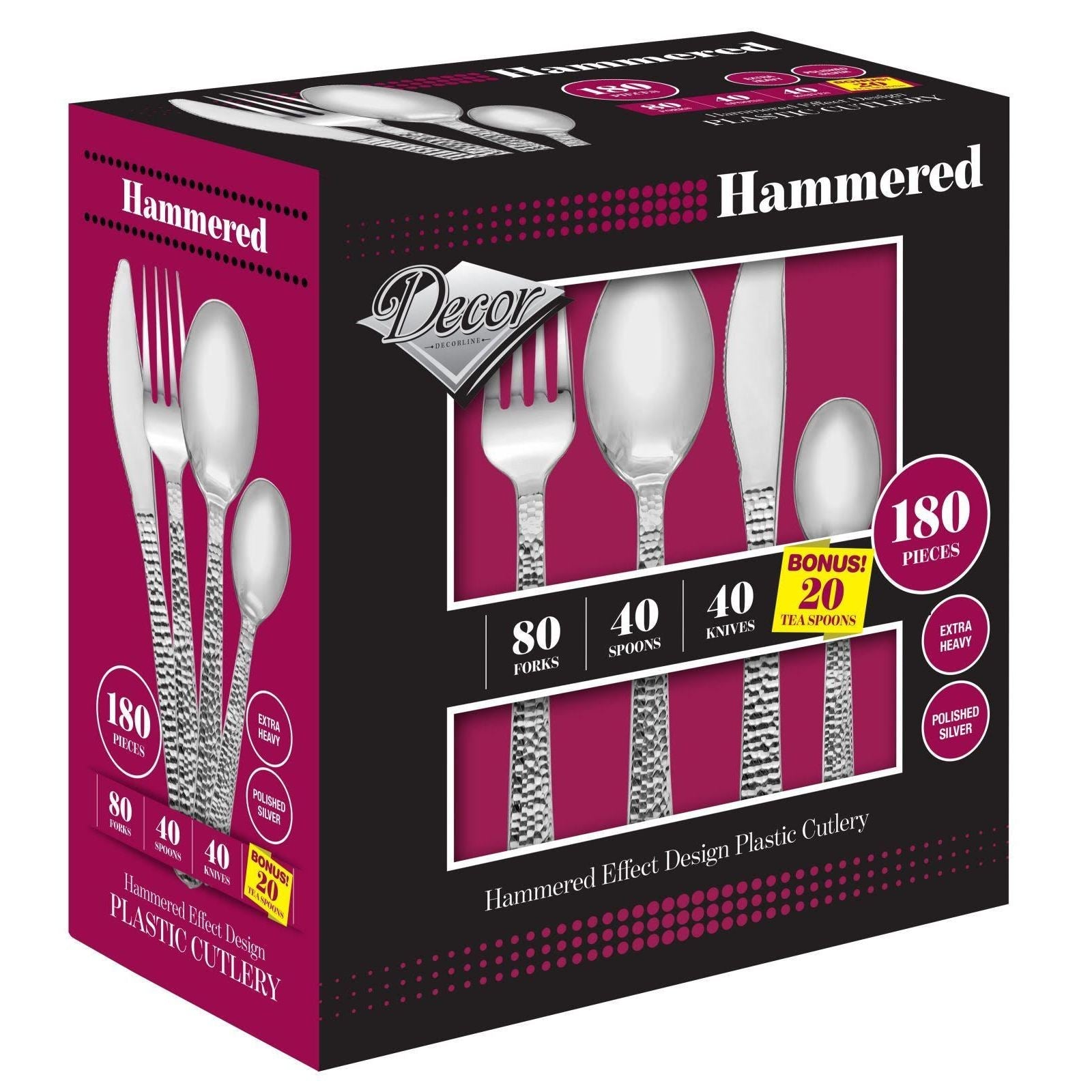 180 Piece Disposable Silver Plastic Silverware Combo Set (40 Settings) - Hammered