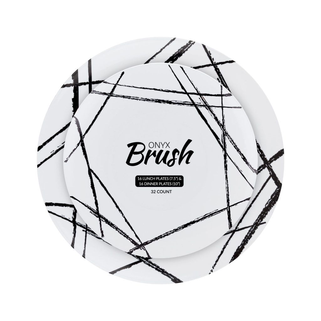 32 Piece Combo White and Black Round Plastic Dinnerware Set (16 Servings) - Brush