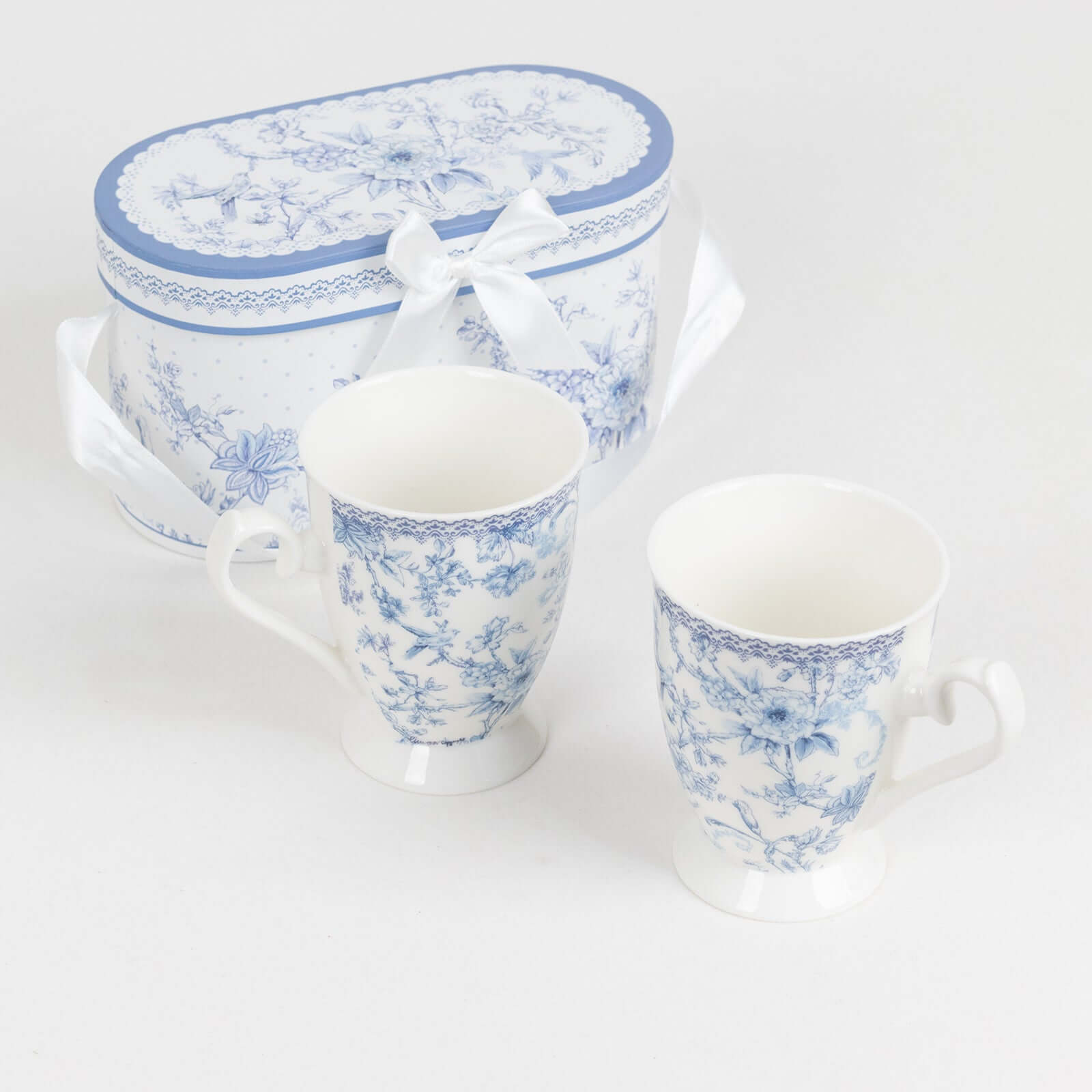 White Blue French Toile Bridal Shower Gift Set, 2 Pack Porcelain Tea Cups With Matching Keepsake Gift Box and Satin Ribbon Handle Decorations HIER_9750