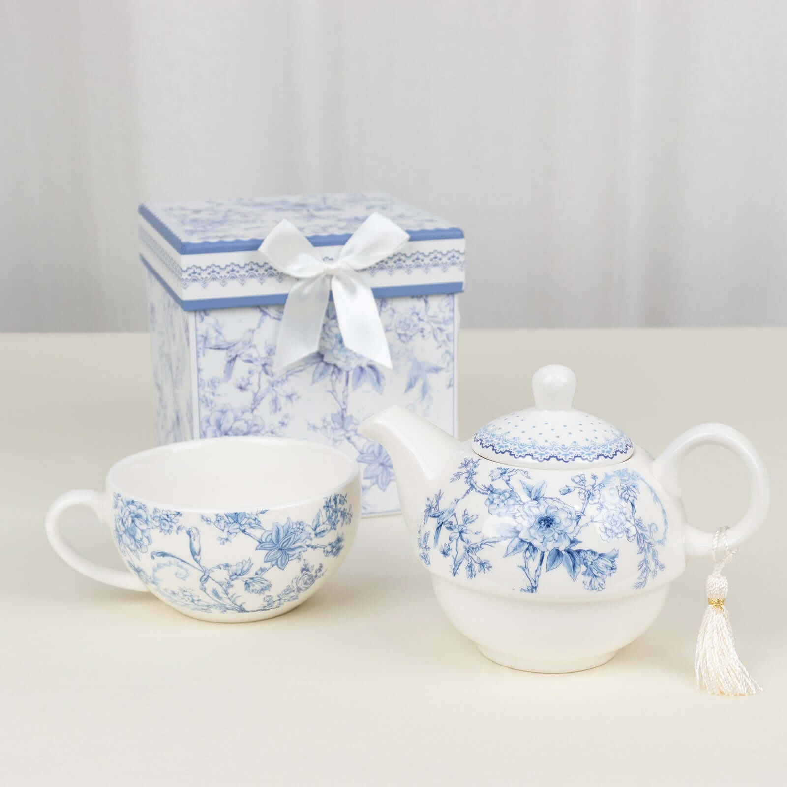 White Blue French Toile Bridal Shower Gift Set, Porcelain Teapot and Cup Set with Matching Keepsake Gift Box Decorations HIER_9750