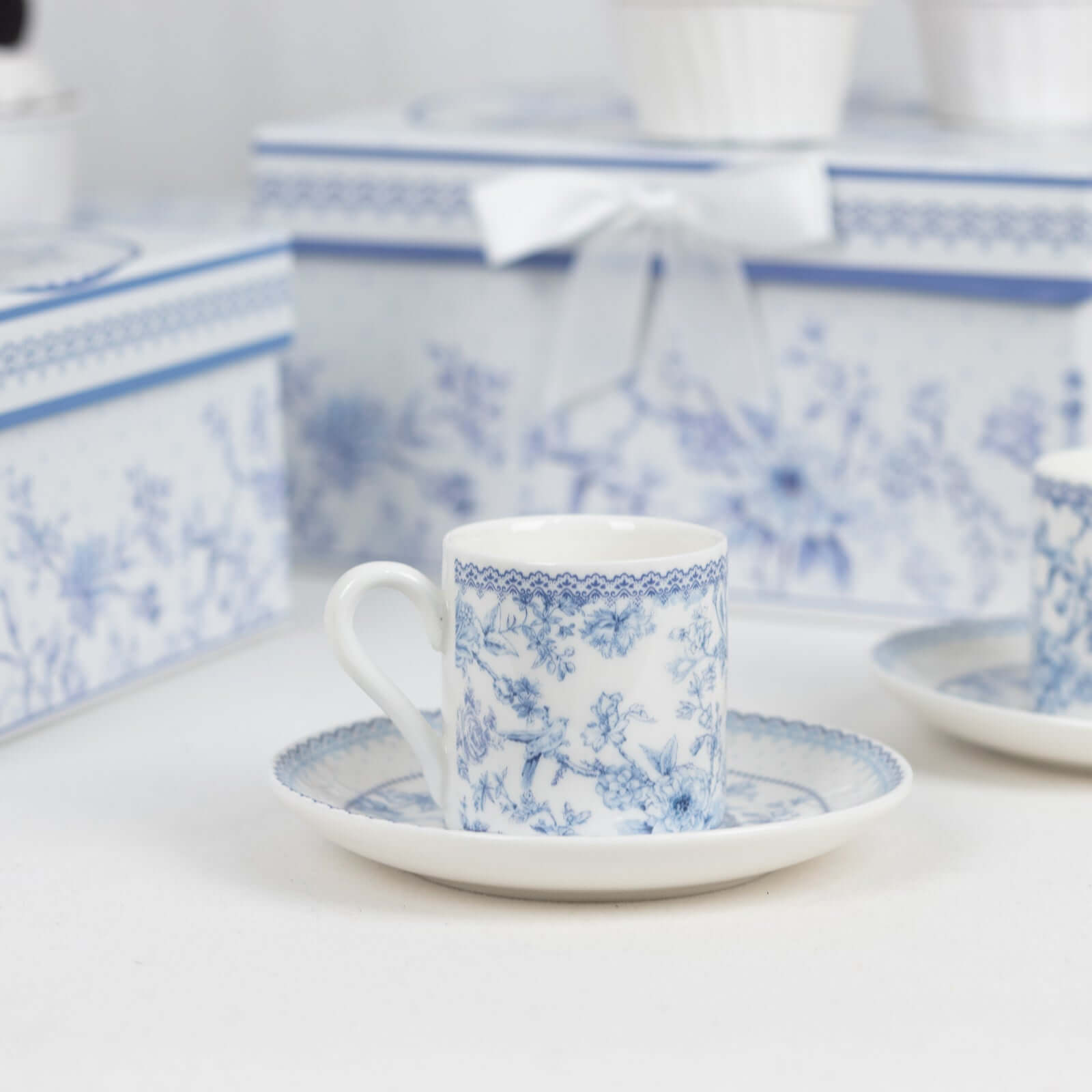 White Blue French Toile Bridal Shower Gift Set, Set of 2 Porcelain Espresso Cups and Saucers with Matching Keepsake Box Decorations HIER_9750